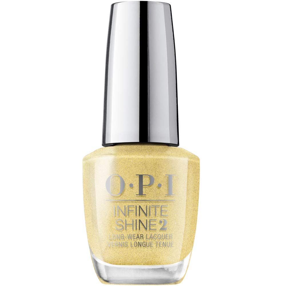 Flacon de vernis à ongles avec bouchon argenté. L'étiquette indique 'OPI Infinite Shine 2'.