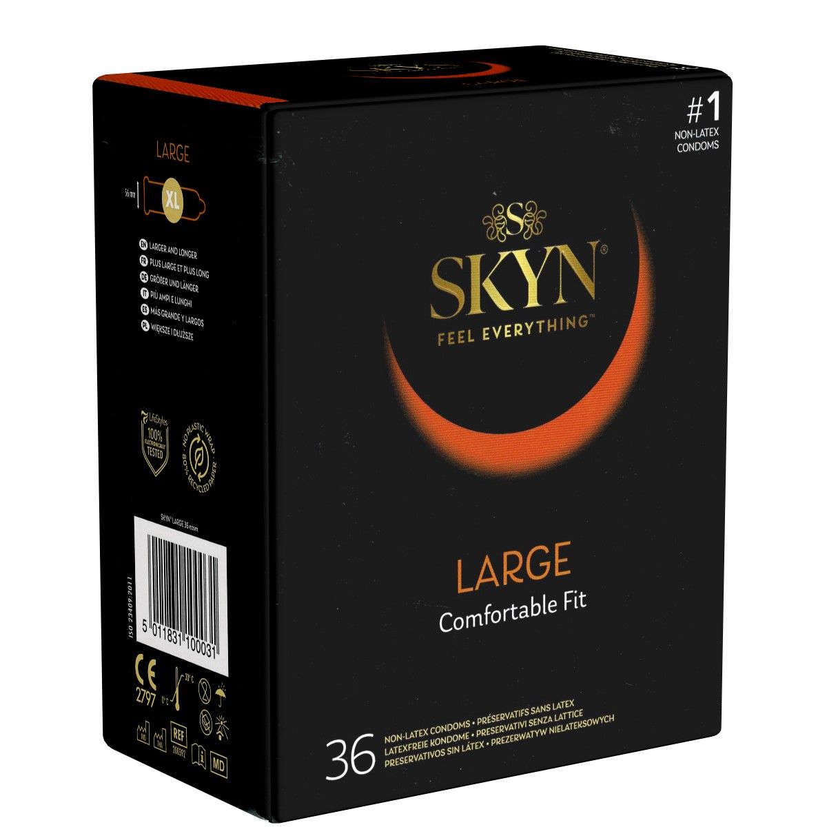 Zwarte verpakking met SKYN-logo en "LARGE Comfortable Fit". Bevat 36 condooms. #1 latexvrije condooms.