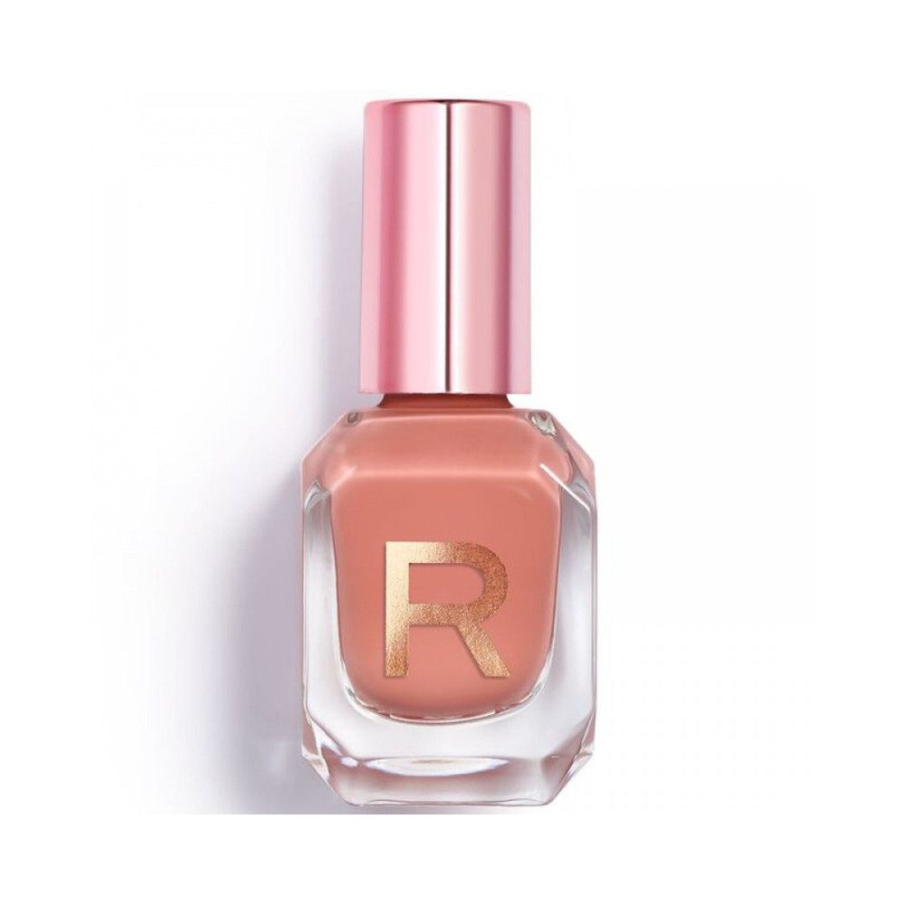 Een flesje nagellak met een roségouden dop en applicator. De fles toont een gouden 'R'-logo.