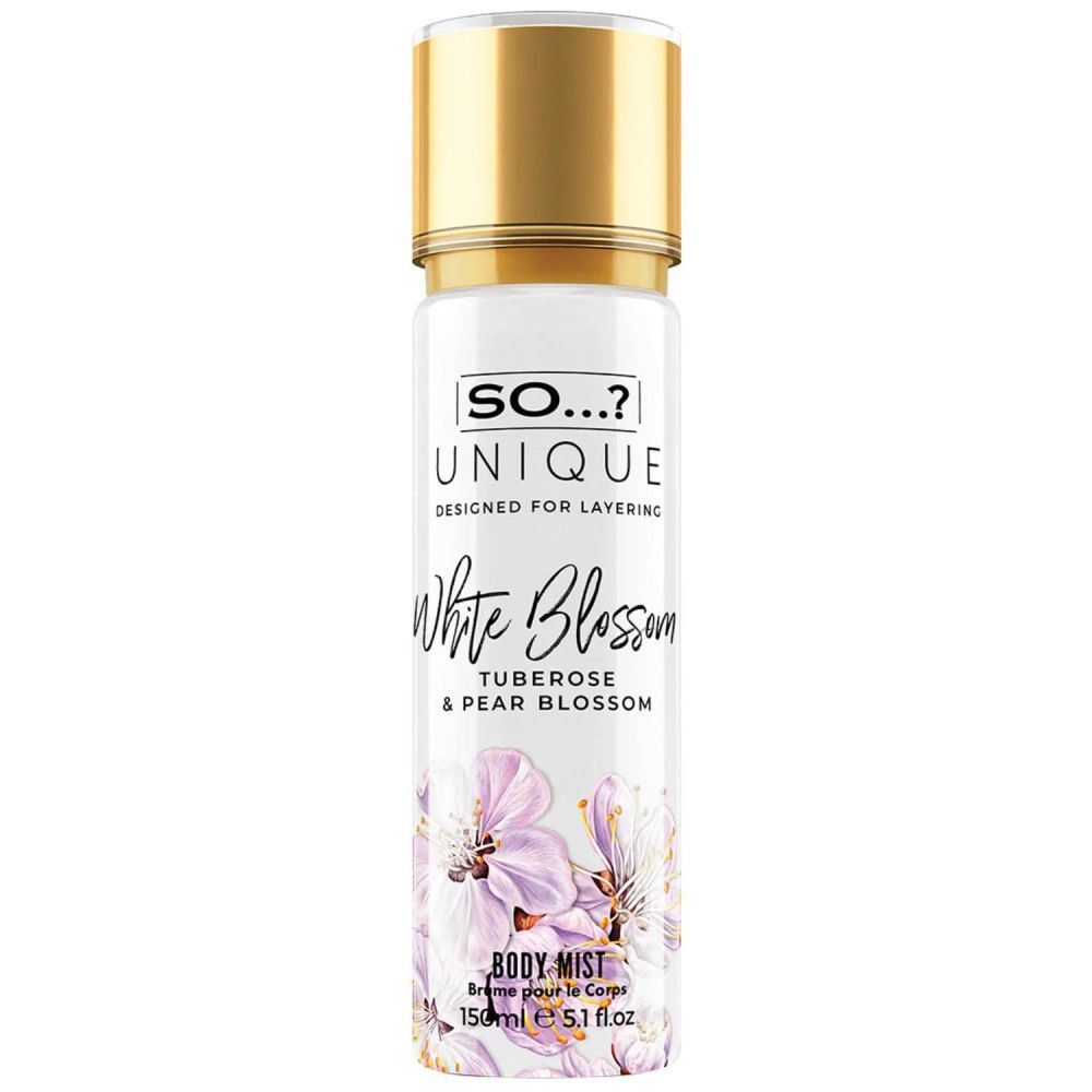 Flacon de brume corporelle avec bouchon doré. Inscription: So...? Unique, White Blossom, Tuberose & Pear Blossom. Décor floral.