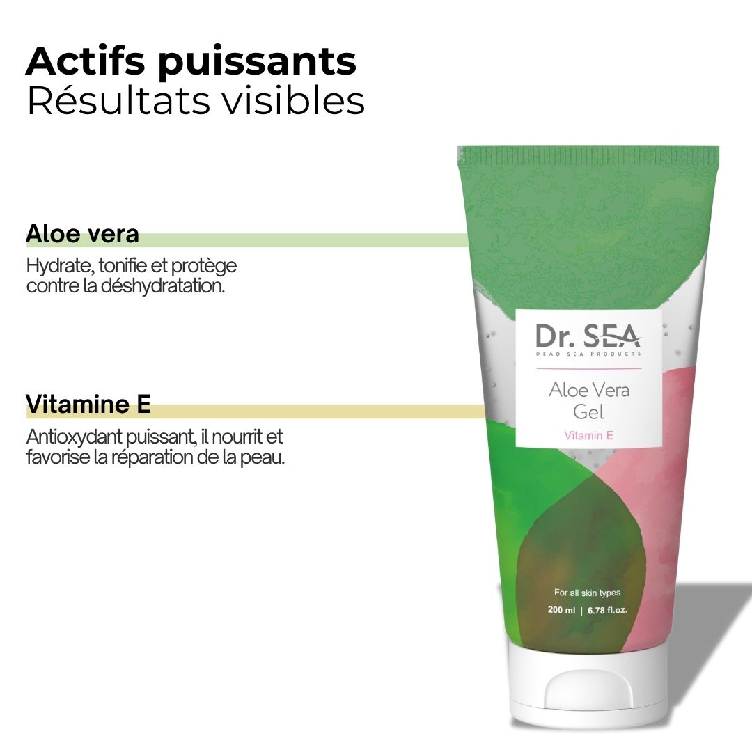 Tube de gel à l'aloe vera. Design vert et rose. Texte : Dr. SEA, Aloe Vera Gel, Vitamine E. Infographie des ingrédients.