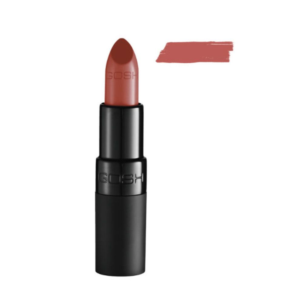 Gosh Velvet Touch Lipstick 122 Nougat, rouge à lèvres sorti dans un tube noir avec une bande de couleur.