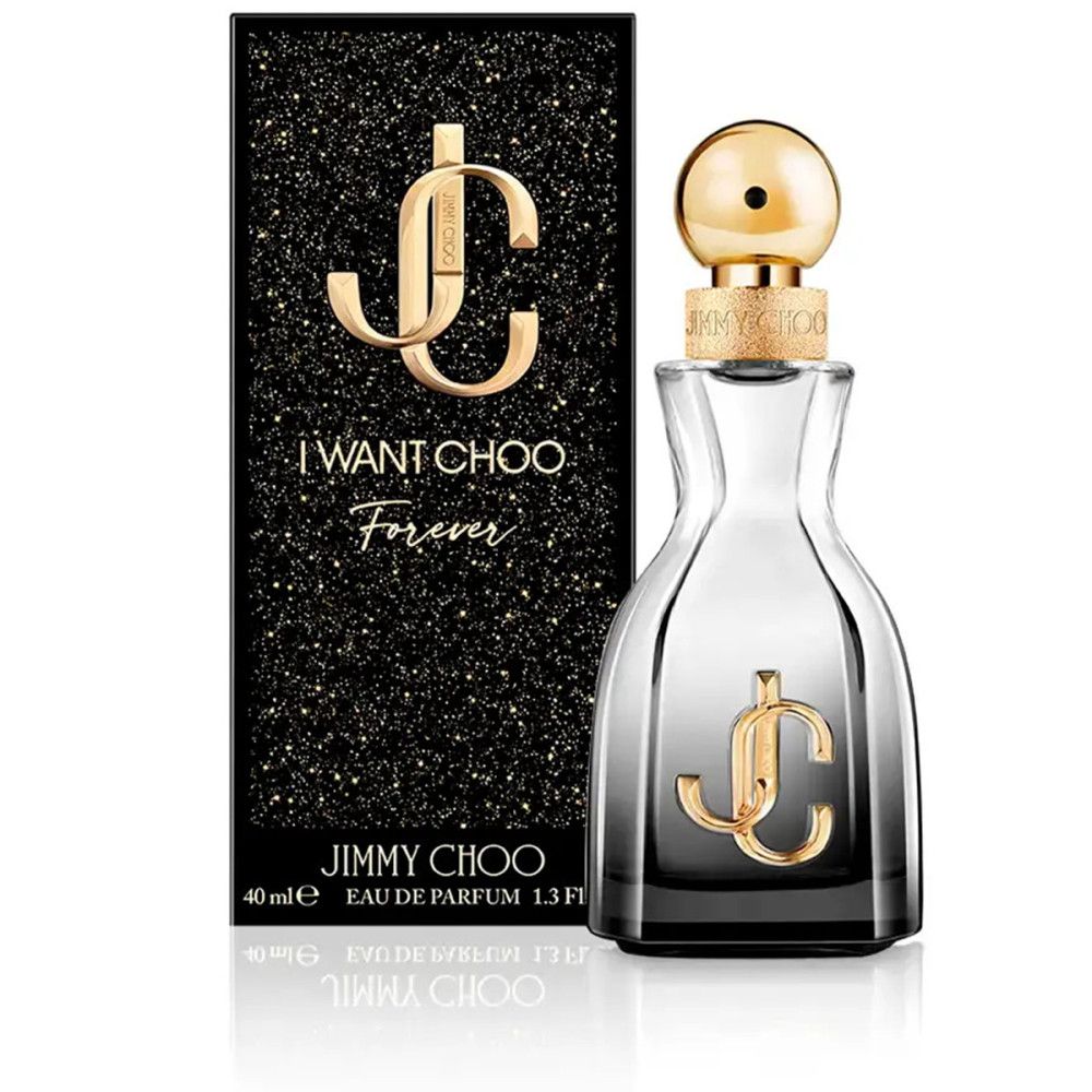 Flacon et boîte de Jimmy Choo, I Want Choo Forever EdP. Flacon avec bouchon doré et logo. Boîte noire pailletée.