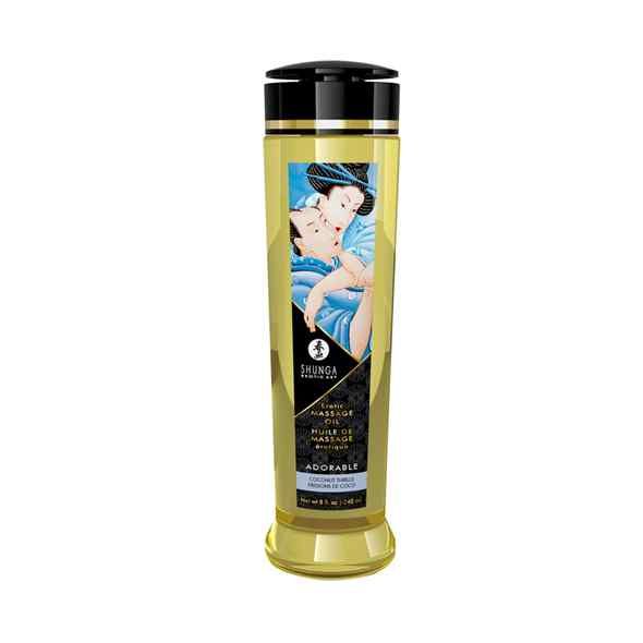 Shunga massageolie fles met zwarte dop en label met romantische afbeelding.