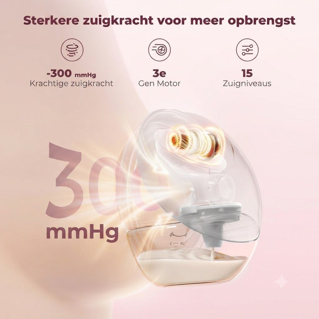 Borstkolf met 300 mmHg zuigkracht, 3e generatie motor en 15 zuigniveaus.