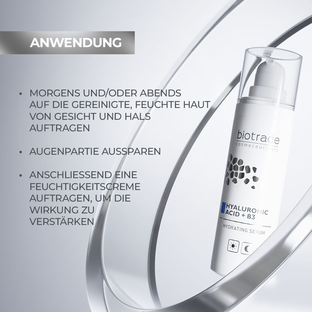 Sérum blanc avec pompe. Texte: Acide Hyaluronique + B3, Hydrating Serum. Application: Appliquer matin et/ou soir sur la peau.