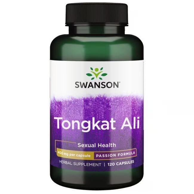 Flacon vert avec étiquette blanche. Inscription: SWANSON Tongkat Ali, 400 mg par capsule, 120 capsules.