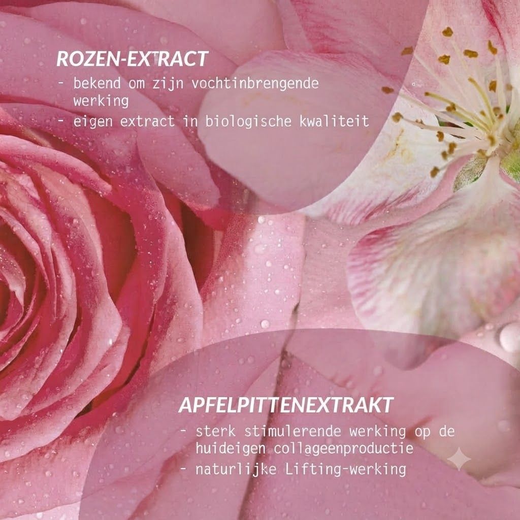 Collage met rozen, appelbloesems en tekst over extracten.