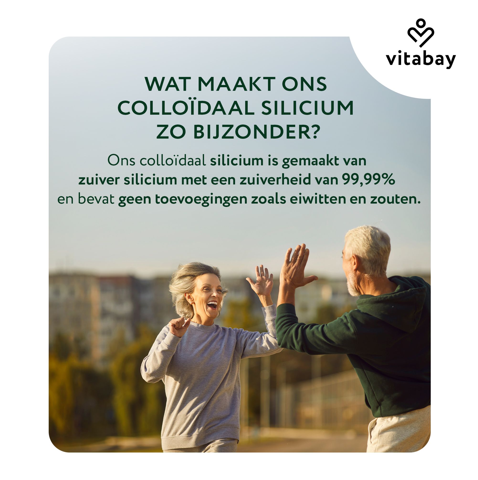 Vitabay logo en tekst over colloïdaal silicium. Twee ouderen geven elkaar een high-five buiten.