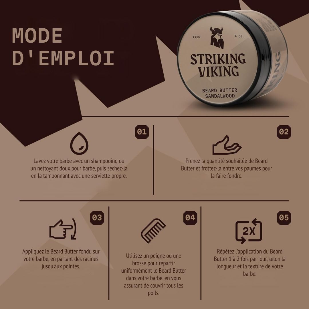 Pot de 'Striking Viking Sandalwood' Beard Butter avec instructions d'utilisation.