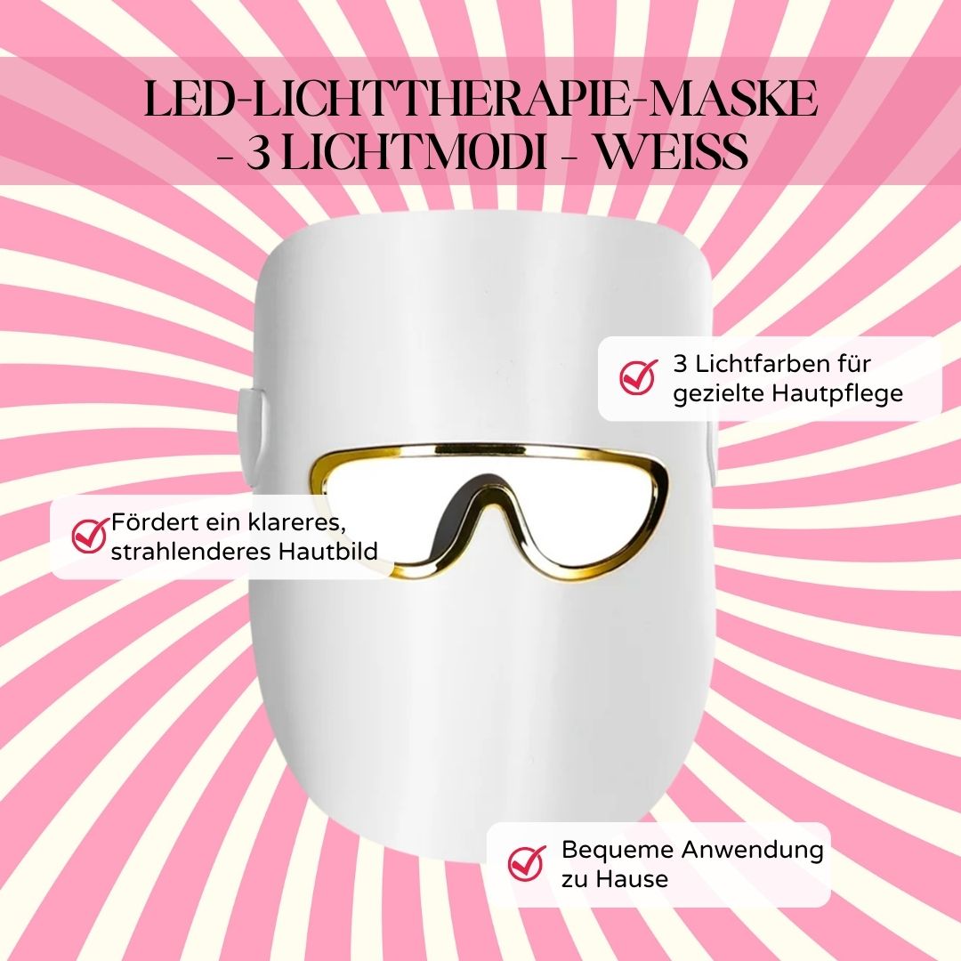 Wit LED-lichttherapiemasker met gouden montuur. Tekst: 3 lichtmodi, helderdere huid, gemakkelijk gebruik.