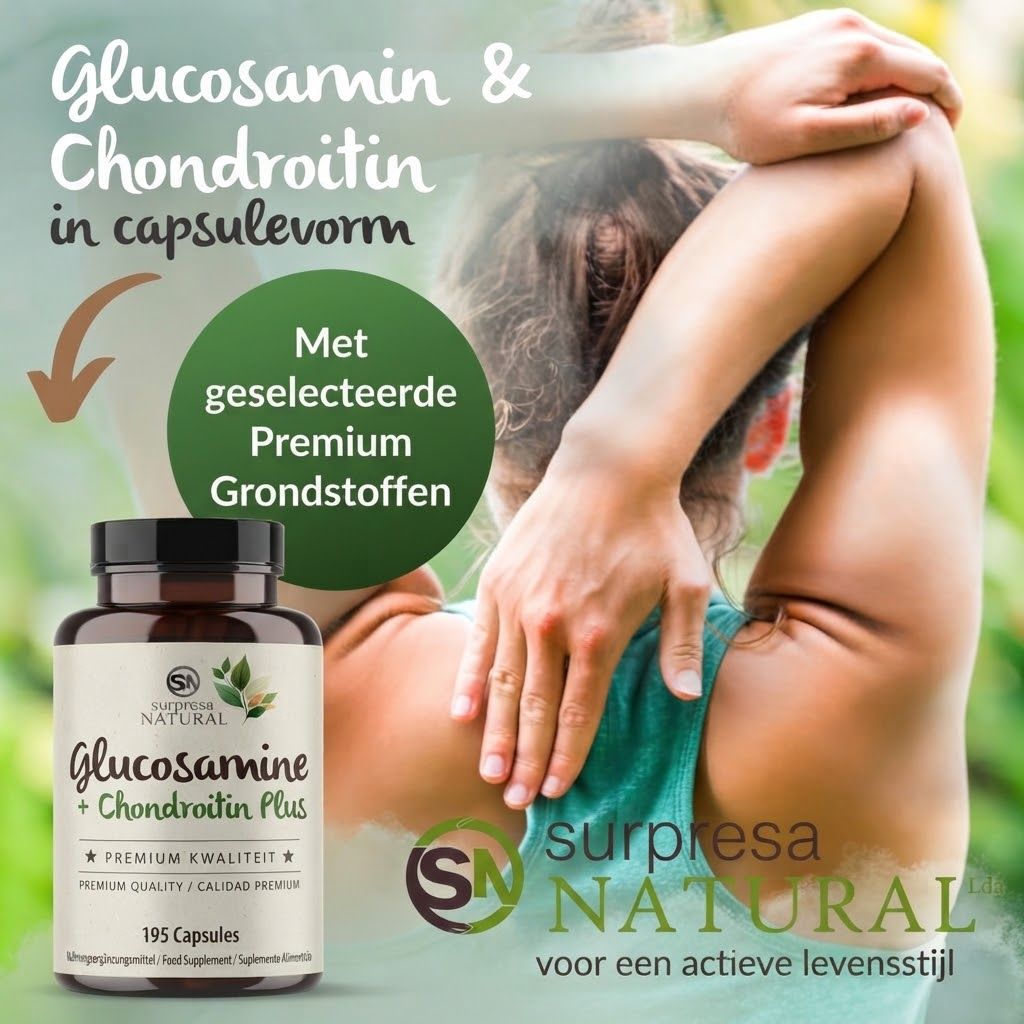 Fles Glucosamine & Chondroïtine Plus capsules met 195 capsules. Vrouw strekt haar arm.