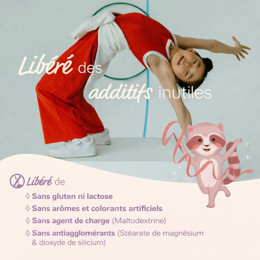 Enfant en rouge. Texte: Sans additifs inutiles. Sans gluten ni lactose, arômes et colorants artificiels, agent de charge.