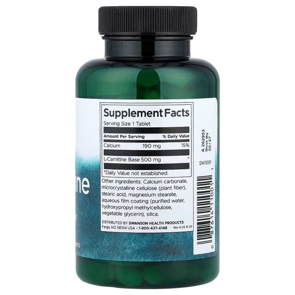 Achterkant van een fles L-Carnitine 500 mg van Swanson met voedingsfeiten en ingrediënten.