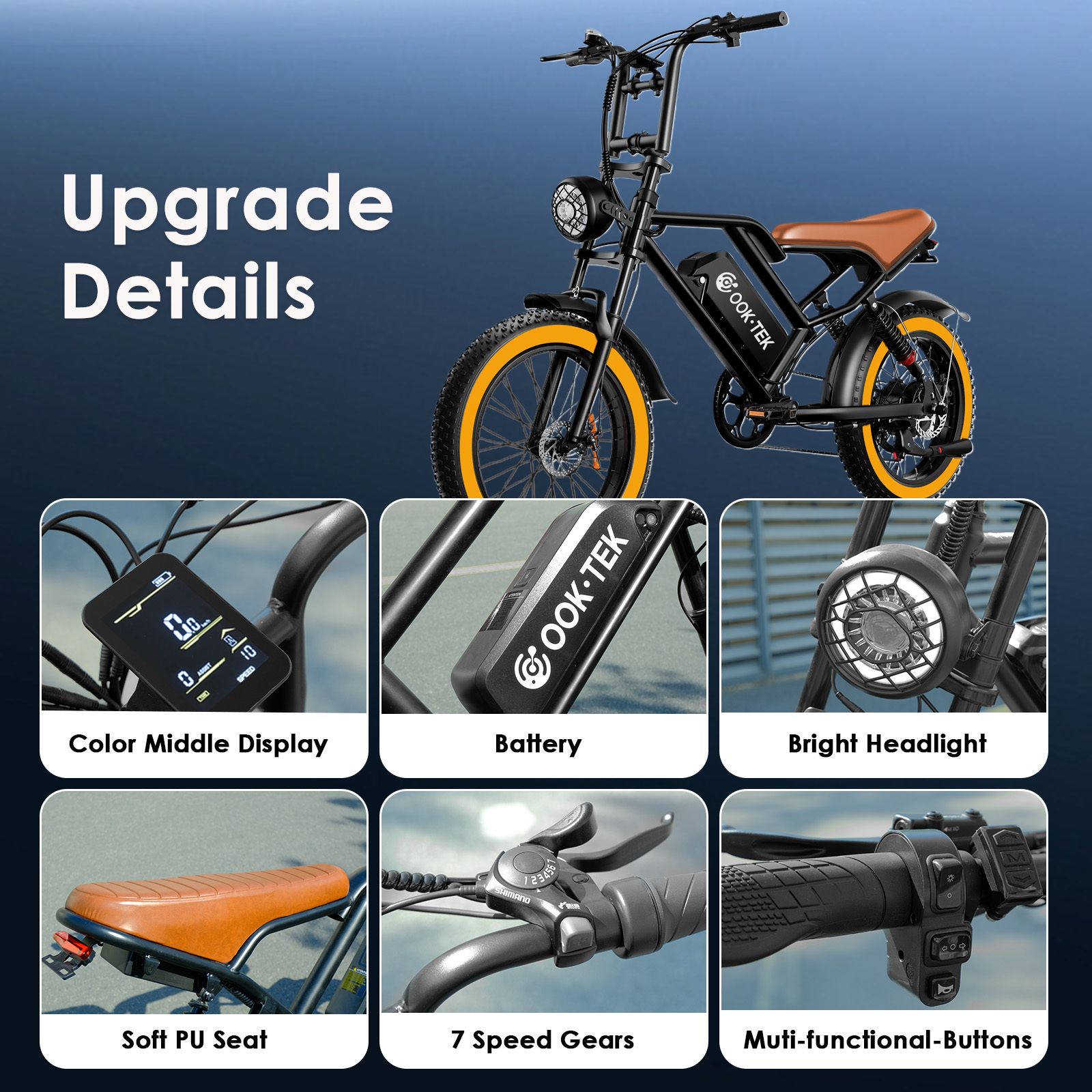 E-bike details: kleurendisplay, batterij, heldere koplamp, zachte PU-zitting, 7 versnellingen, multifunctionele knoppen.