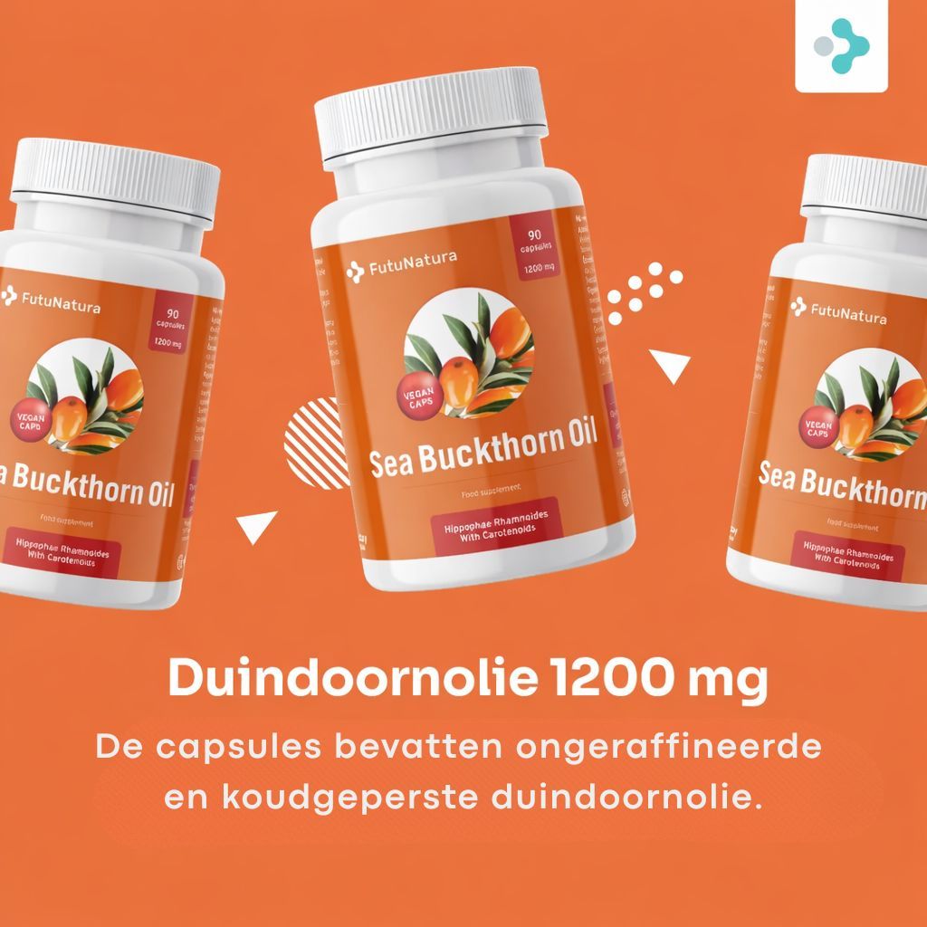 Drie flessen met capsules. Tekst: Duindoornolie 1200 mg.