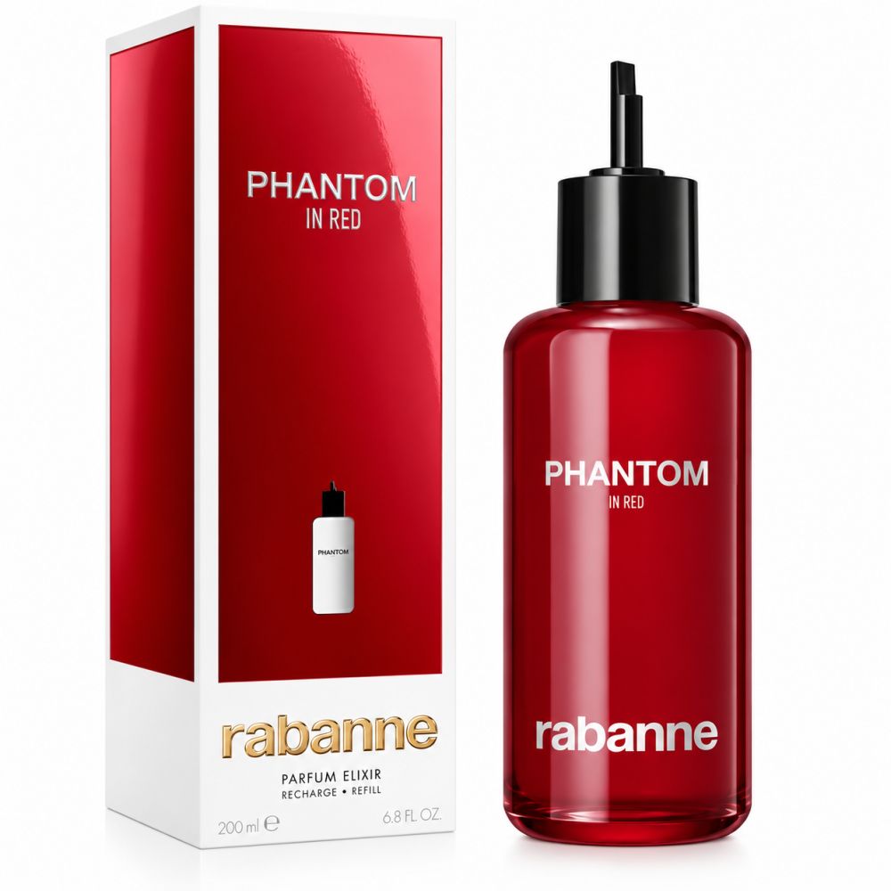 Flacon en verre rouge avec bouchon noir et applicateur, à côté d'une boîte rouge et blanche avec nom du produit et logo.