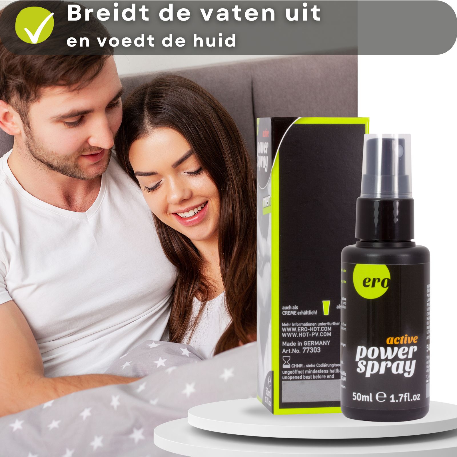 Productfles en verpakking. Koppel in bed. Tekst: Verwijdt de vaten en voedt de huid.