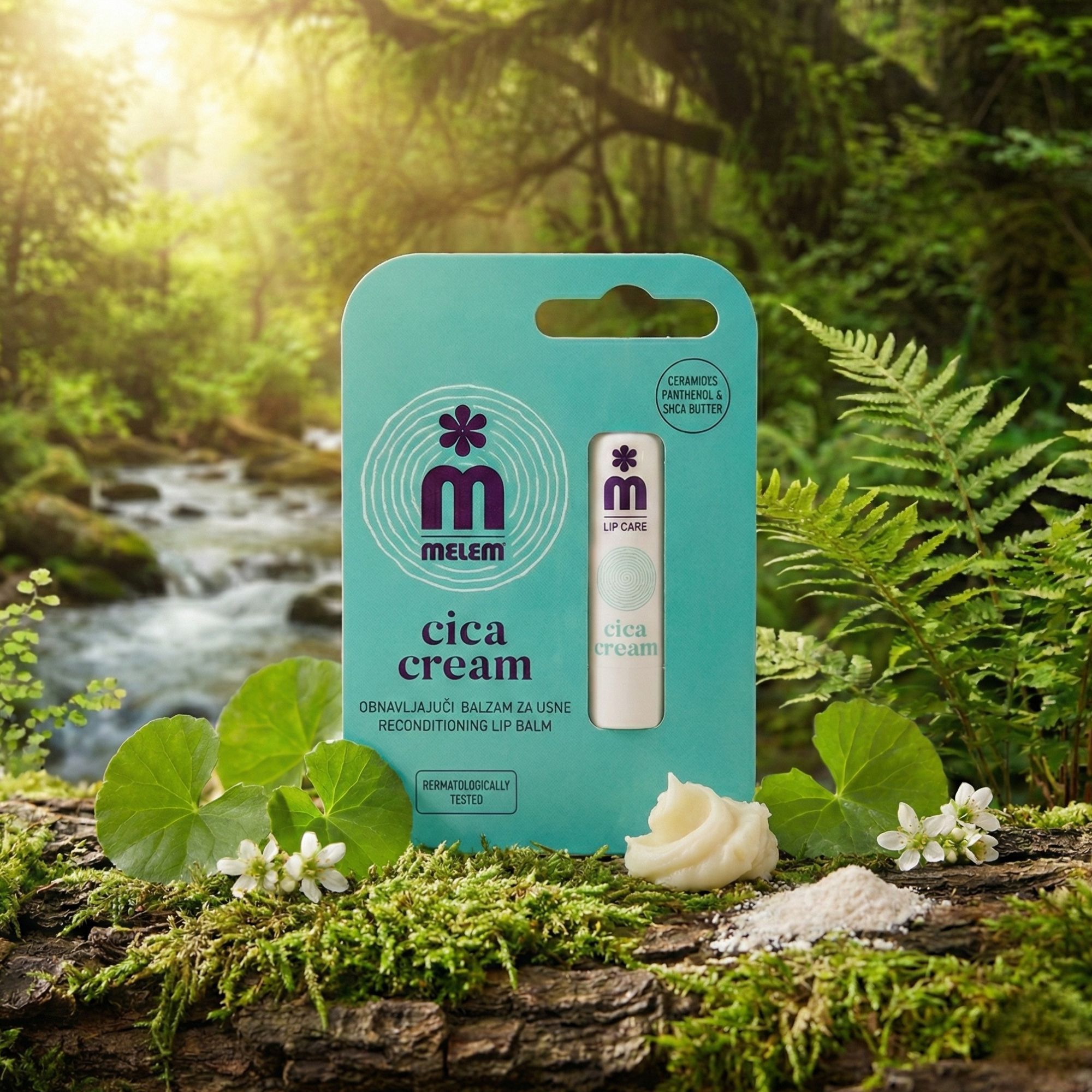 Melem Cica Cream, stick à lèvres régénérant, en emballage. Emballage turquoise et blanc, stick blanc. Fleurs, feuilles, crème et poudre sur mousse et bois.