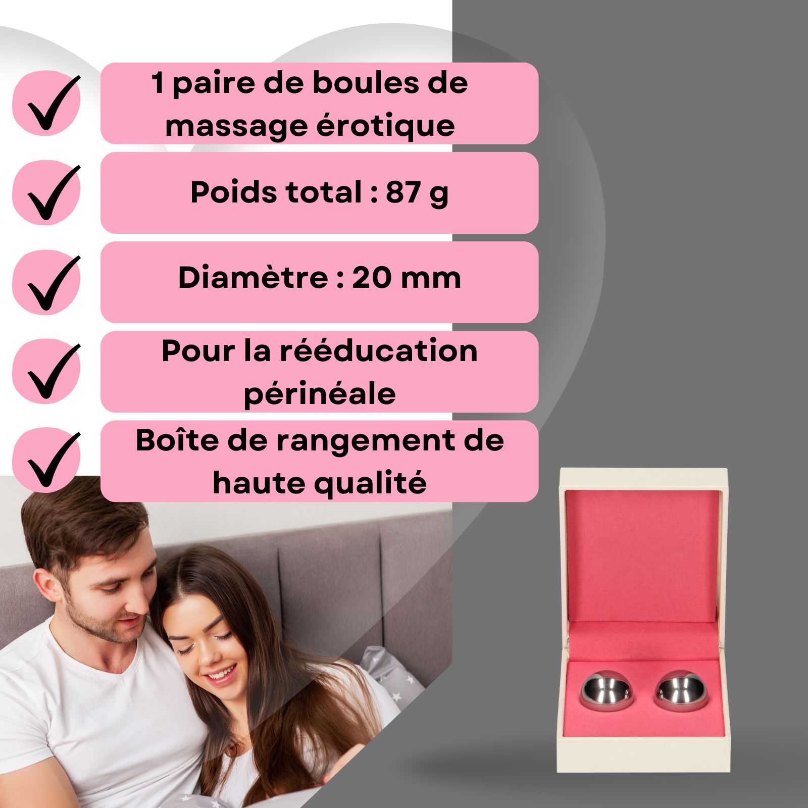 Image avec texte : 1 paire de boules, 87g, diamètre 20mm, pour entraînement périnéal.