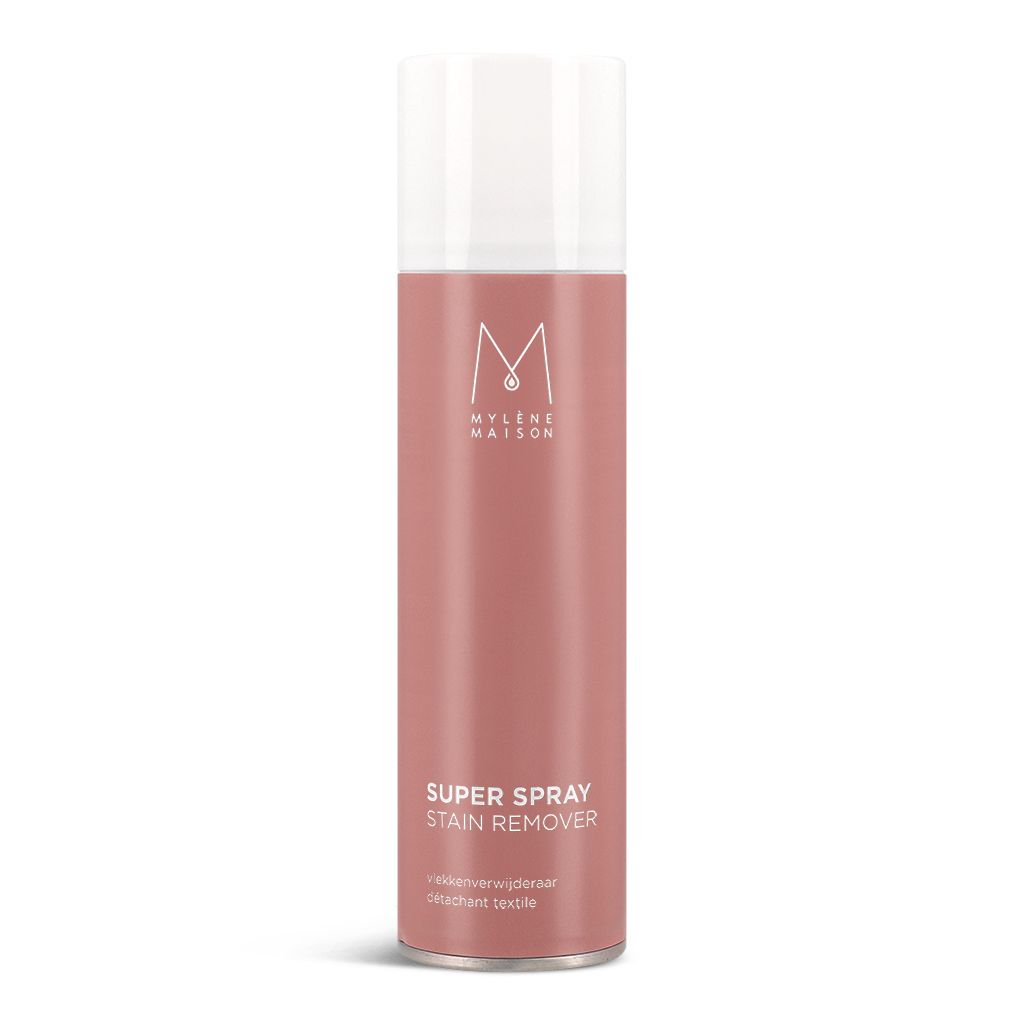 Mylène Super Spray vlekverwijderaar voor textiel. Roze spuitbus met witte dop.