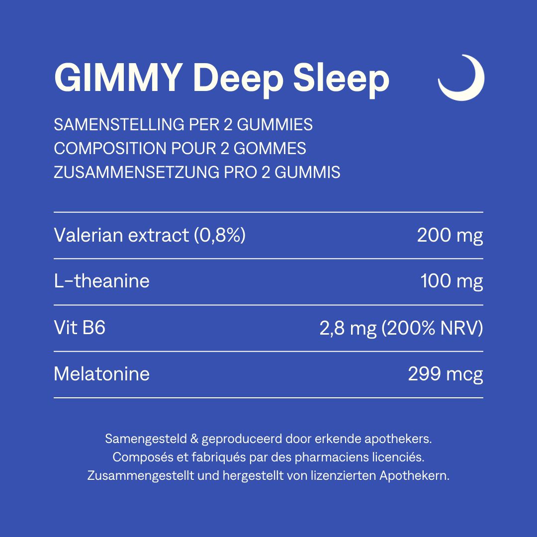 GIMMY Deep Sleep Gummies. Samenstelling per 2 gummies: valeriaanextract, L-theanine, vitamine B6, melatonine.
