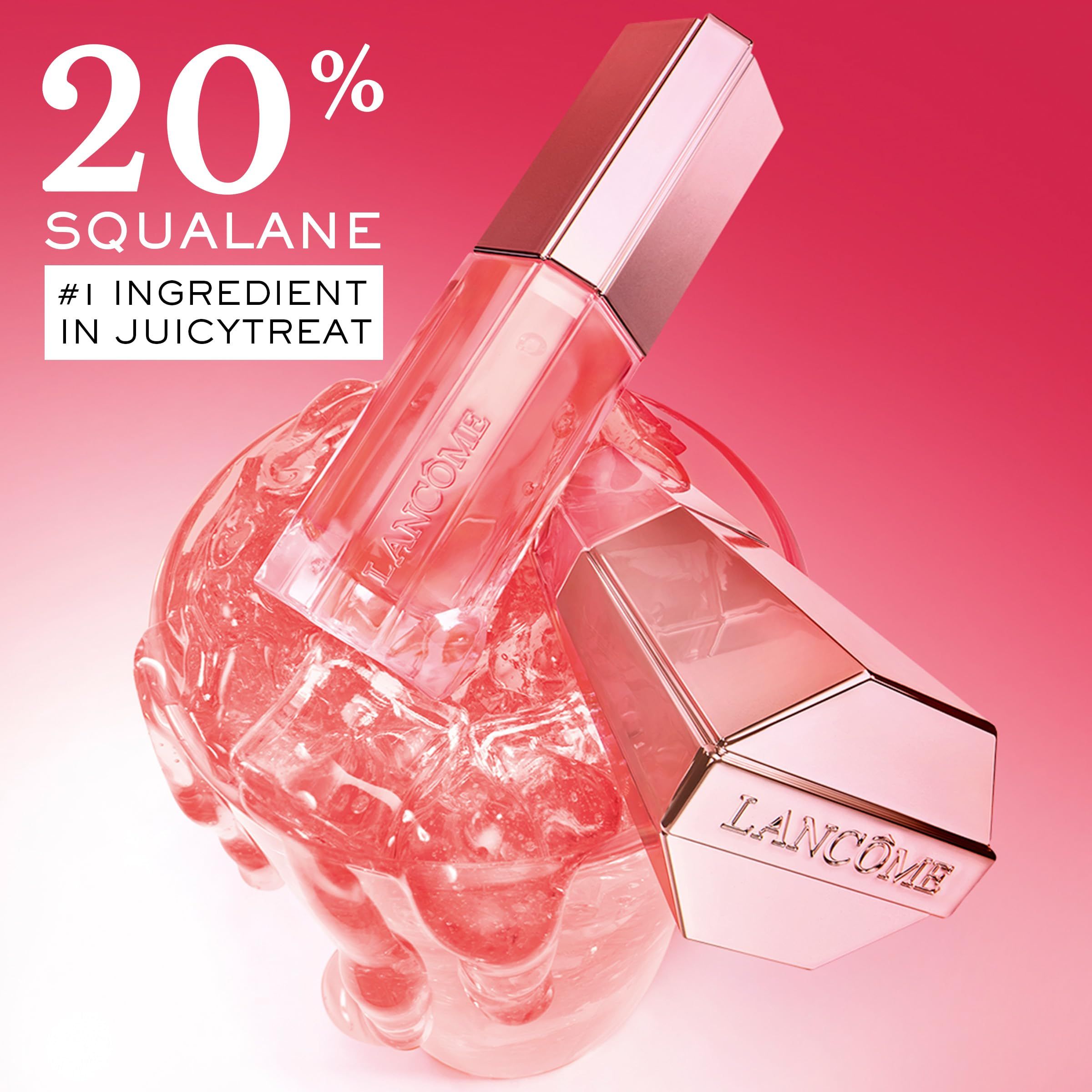 Gloss à lèvres Lancôme Juicy Tubes sur glace. Texte : 20% Squalane, #1 ingrédient in Juicy Treat. Emballage or rose.