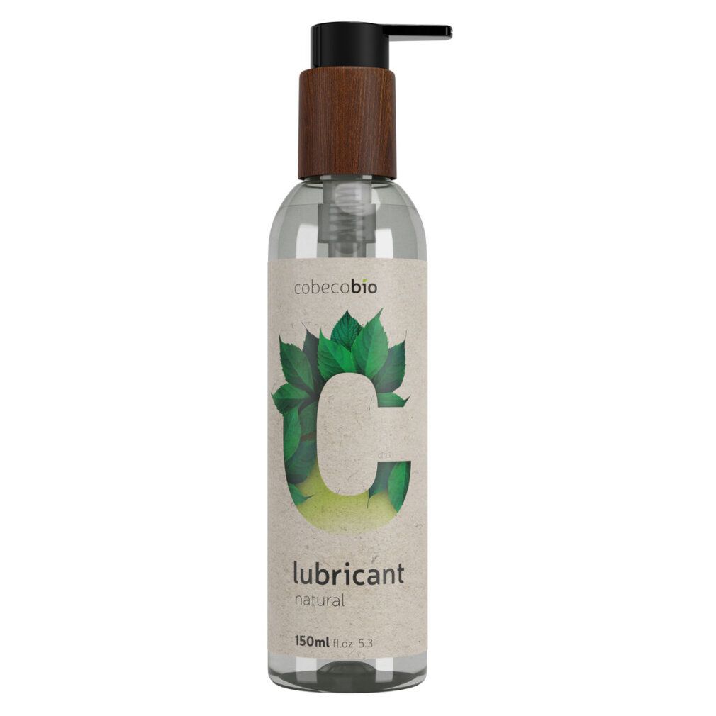 Flacon transparent avec distributeur à pompe, contenant du lubrifiant. Étiquette avec feuilles vertes et inscription "lubricant natural".