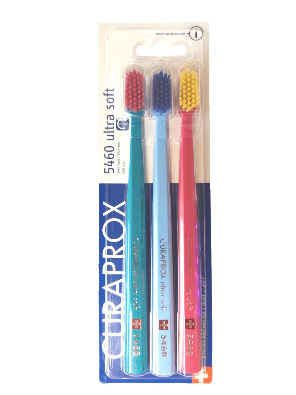 Set van drie tandenborstels. Turquoise, blauwe en roze handvatten. Rode, blauwe en gele borstelharen. Verpakking met productnaam en logo.