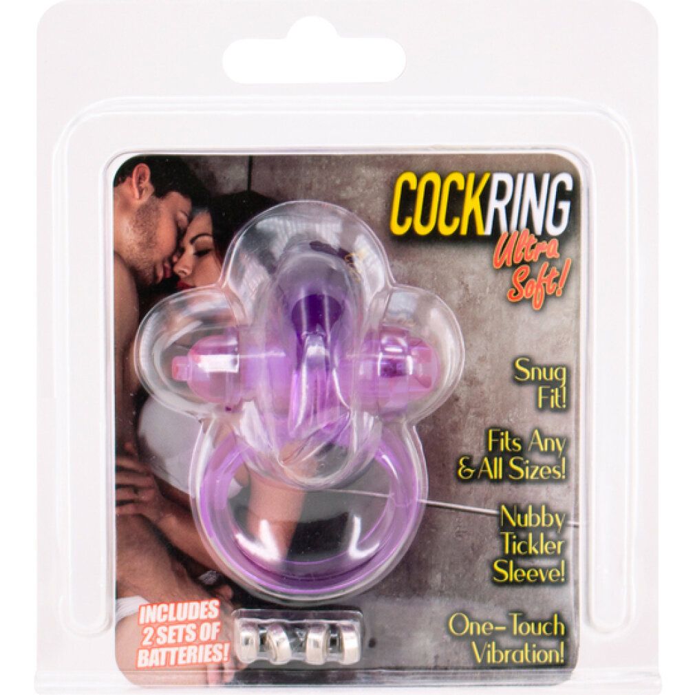 Cockring vibrant violet avec oreilles de lapin en emballage blister.