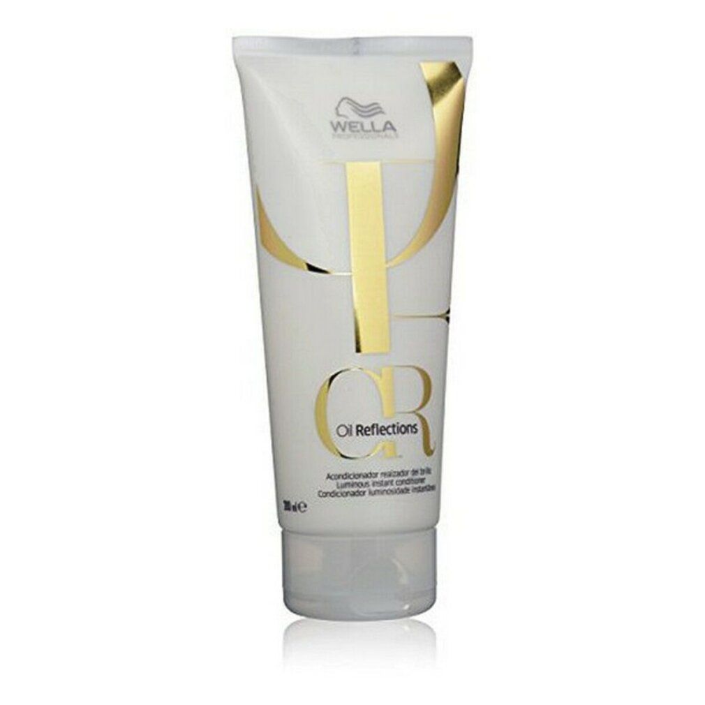 Witte tube met gouden tekst. Opschrift: Wella Oil Reflections Luminous Instant Conditioner. Productverpakking.