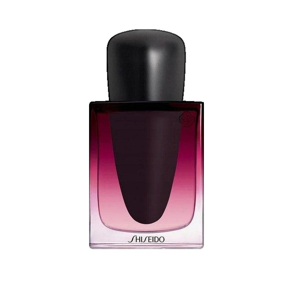 Flesje met zwarte dop. Kleurverloop van transparant naar donkerrood. Opschrift: SHISEIDO.