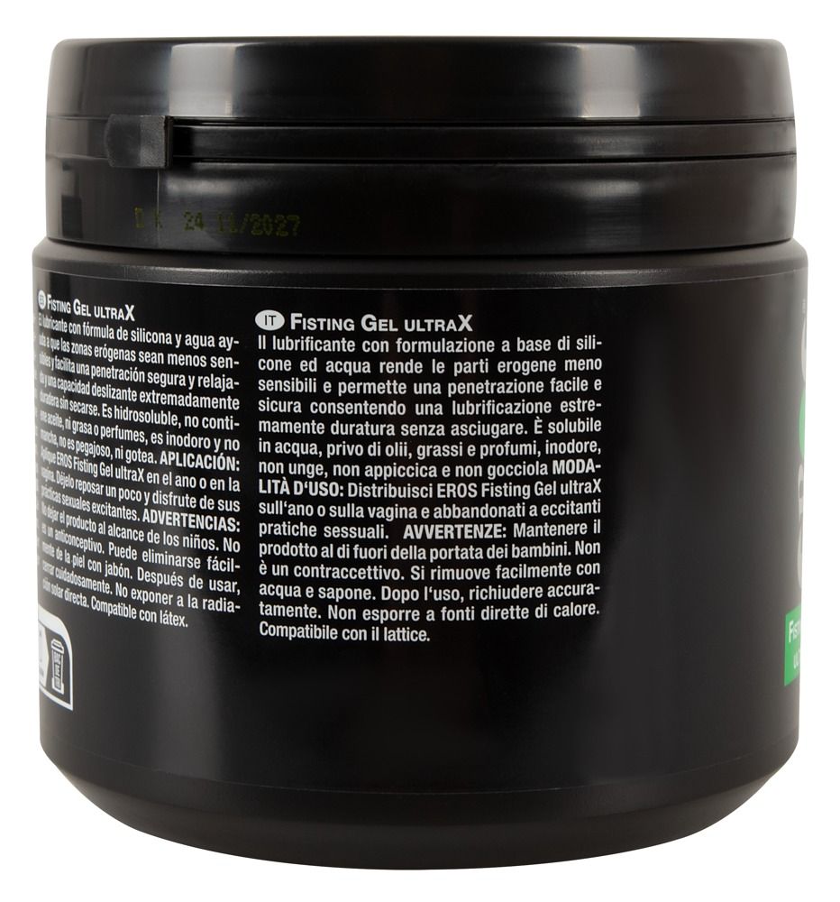 Zwarte container met EROS Ultra X Fisting Gel opschrift en CE-markering.