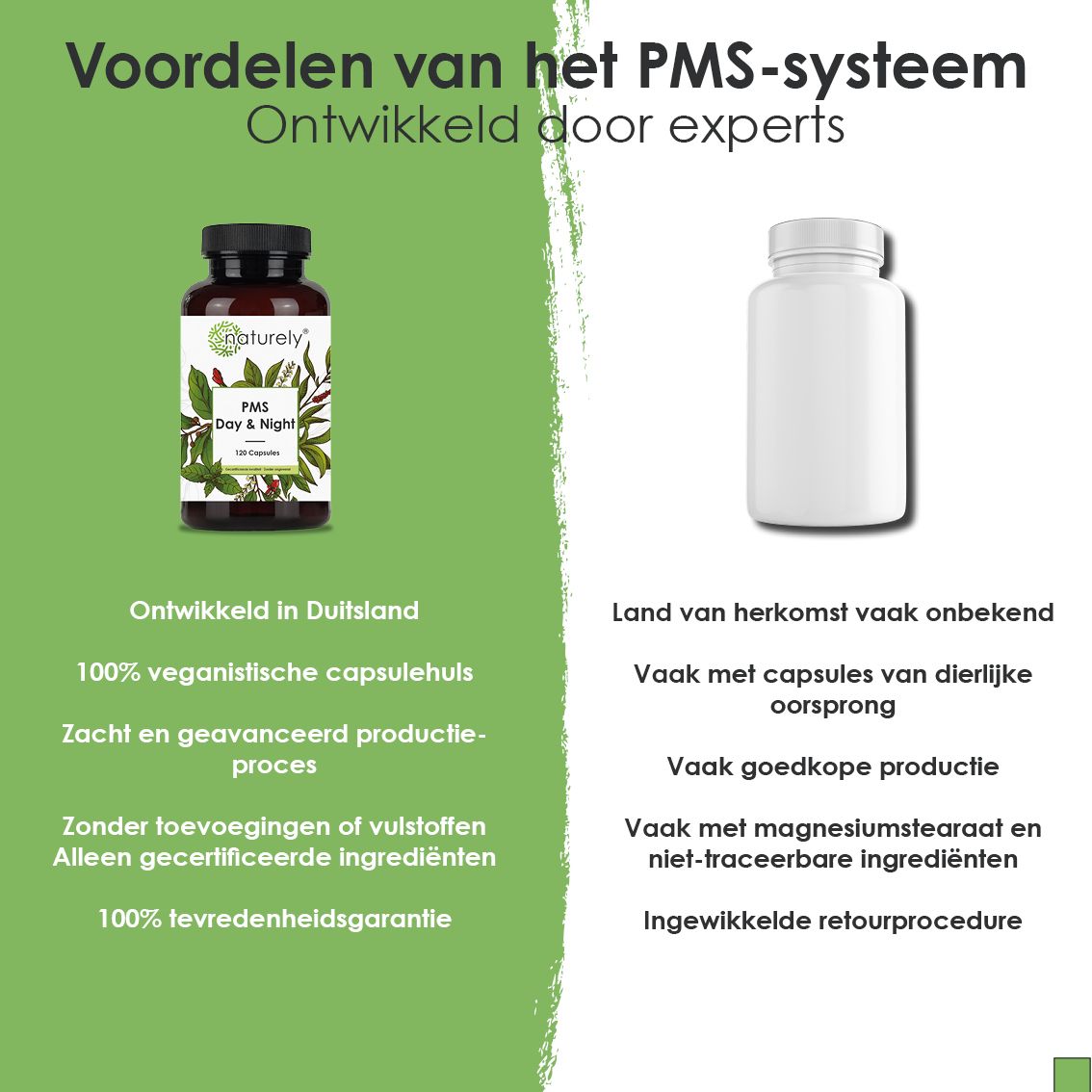 Fles "PMS Day & Night" naast een lege witte fles, met tekst over voordelen.