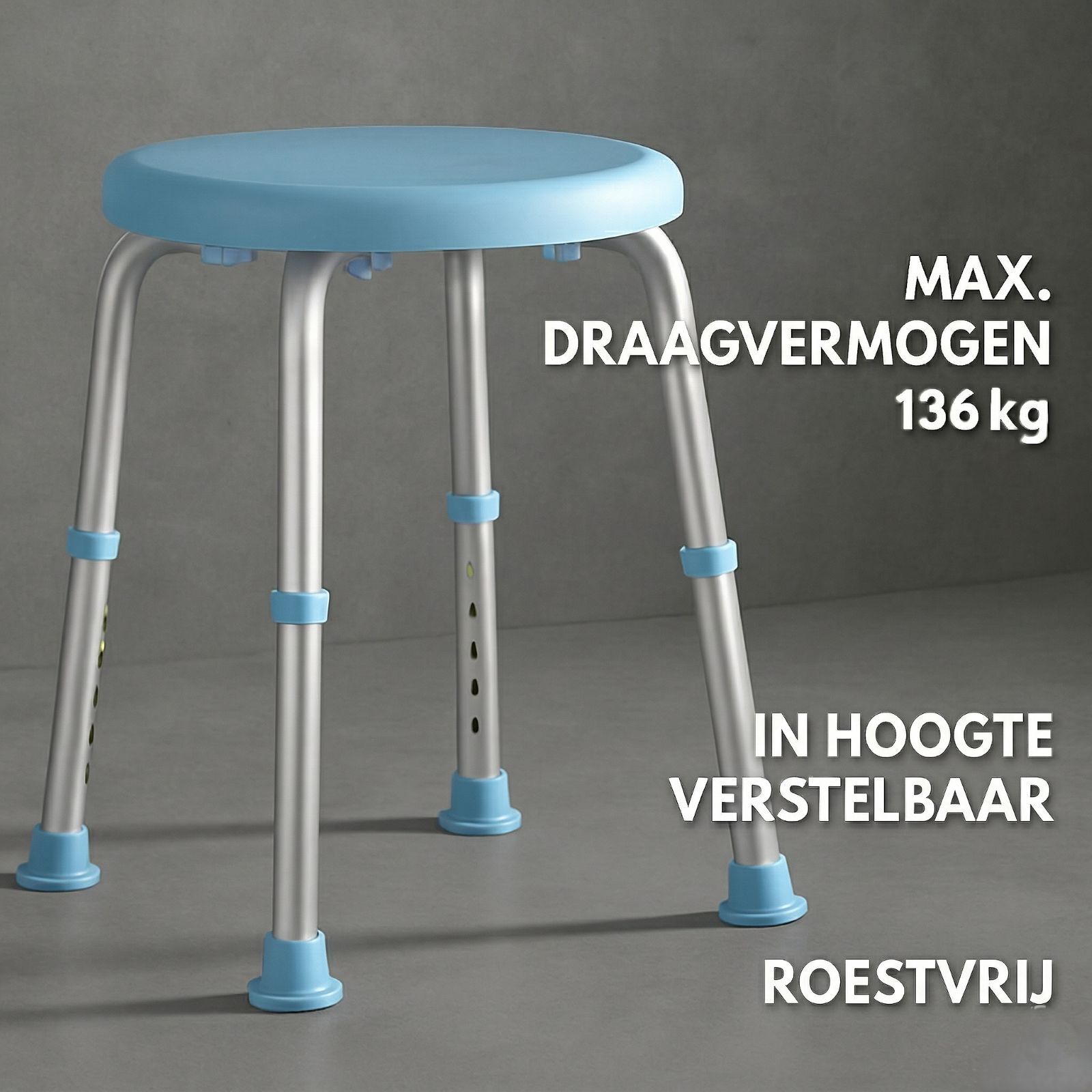 Douchekruk, blauw en zilver. Max. draagvermogen 136 kg. In hoogte verstelbaar, roestvrij.