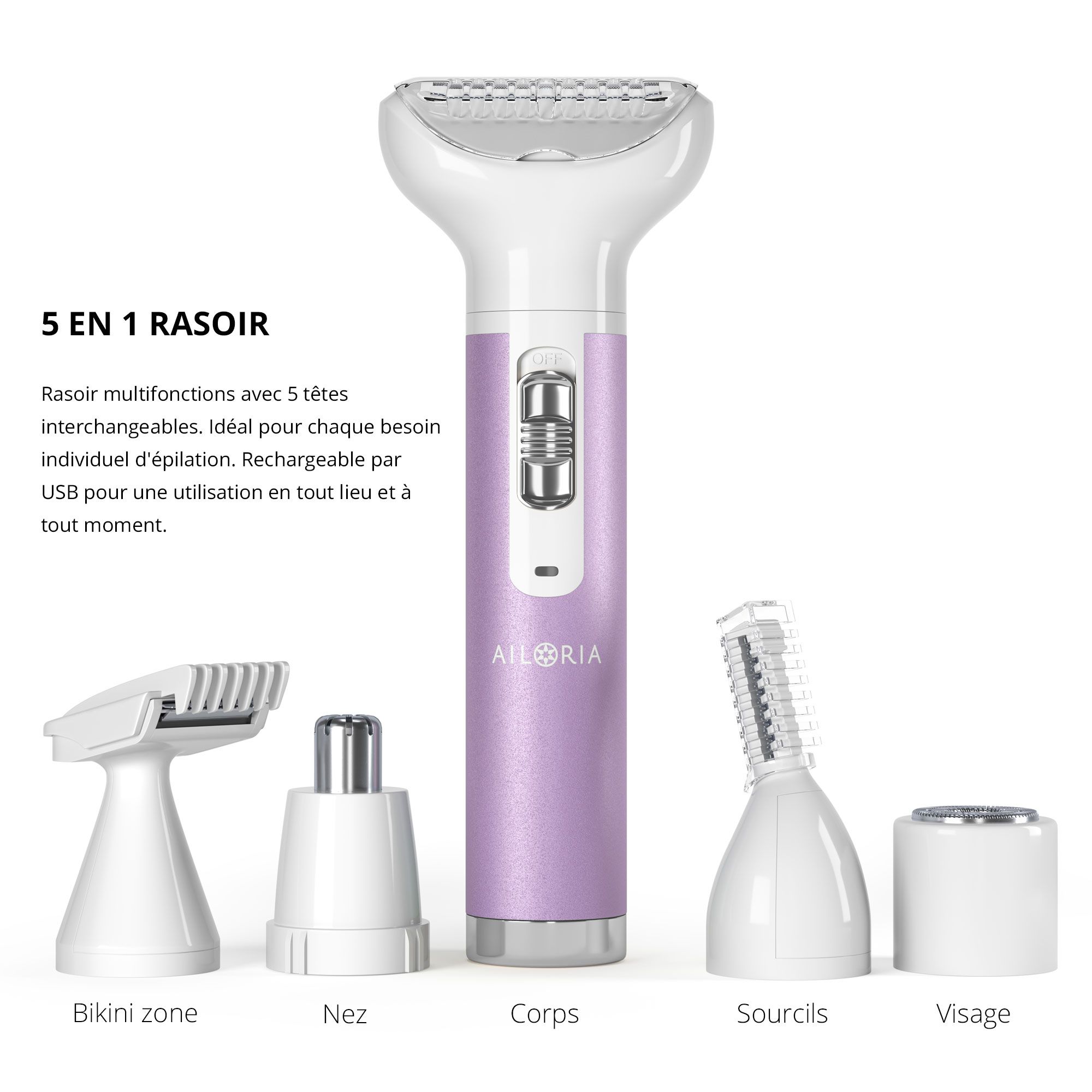 Rasoir avec accessoires. Couleurs violet et blanc. Comprend des accessoires pour le nez, le bikini, les sourcils et le corps. Logo AILORIA.