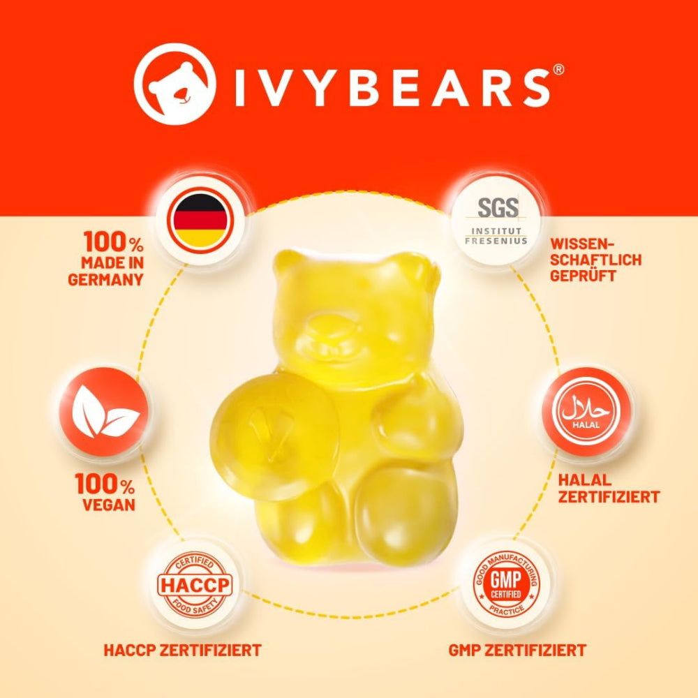 Ourson en gélatine jaune avec logos et texte. Logos : 100% Made in Germany, 100% Vegan, Halal, HACCP, GMP. Certifications.