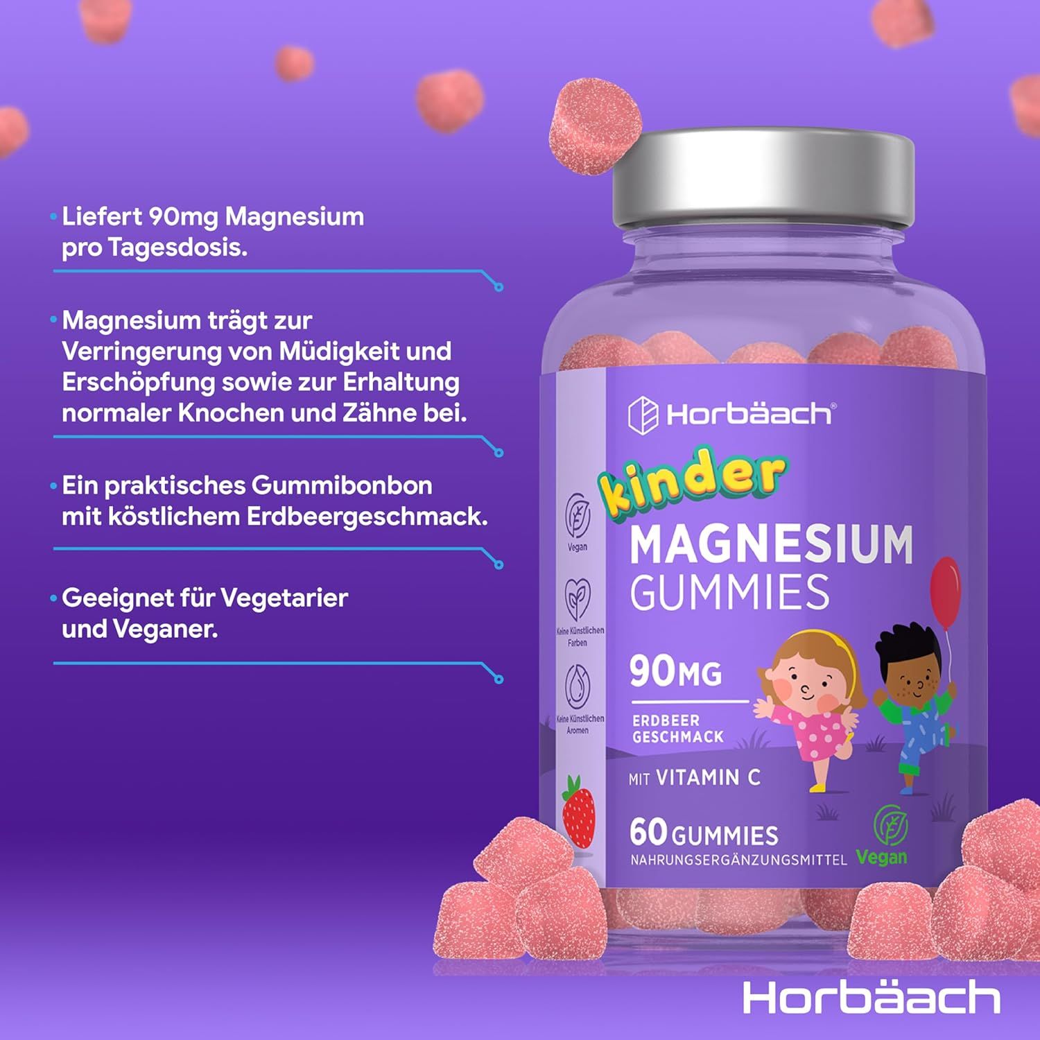 Horbaach Kinder Magnesium Gummibärchen met vitamine C. Fles met 60 gummies. Aardbei smaak. Vegan. Tekst over voordelen.