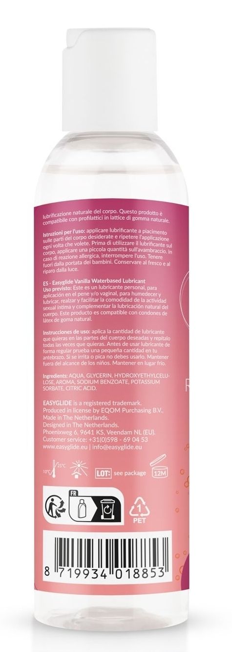 Dos du flacon. Étiquette rose avec texte multilingue. Label vegan. Informations d'utilisation.