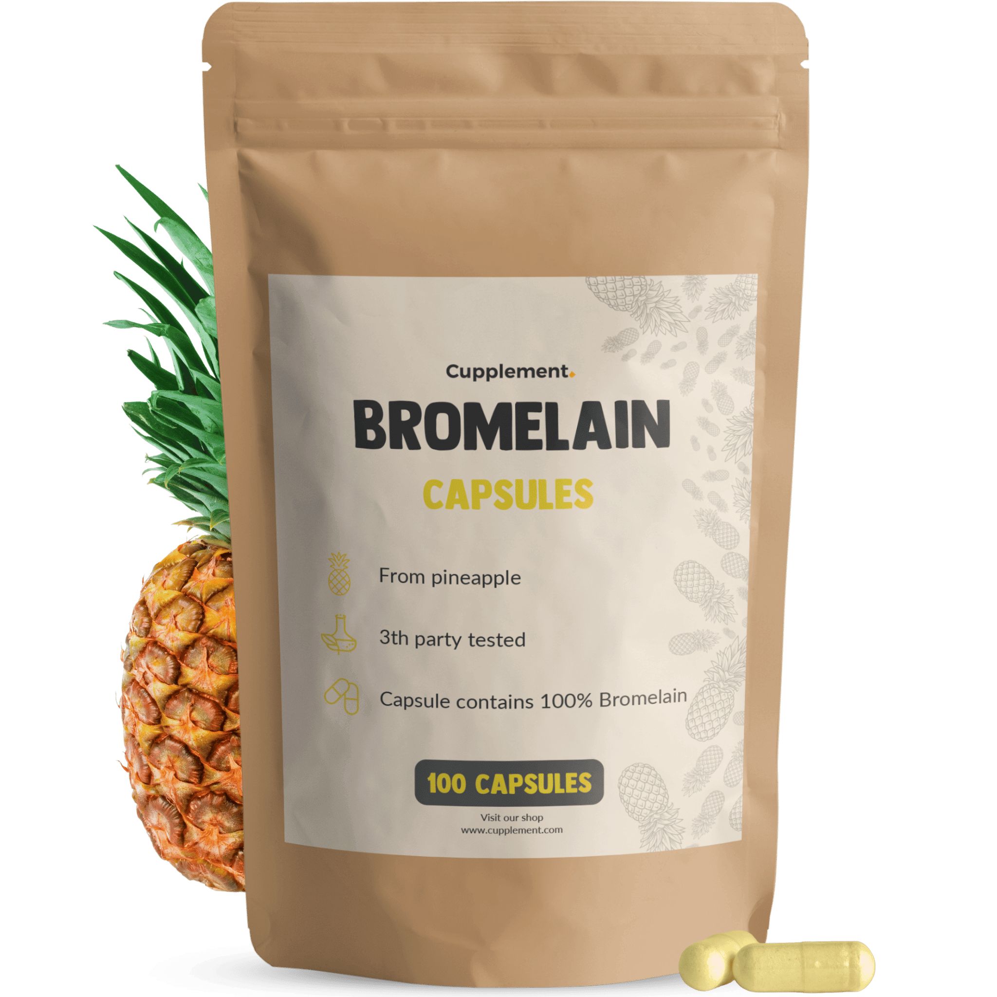 Zakje met bromelaïne capsules. Opschrift: Bromelain Capsules, 100 capsules. Ananas ernaast.