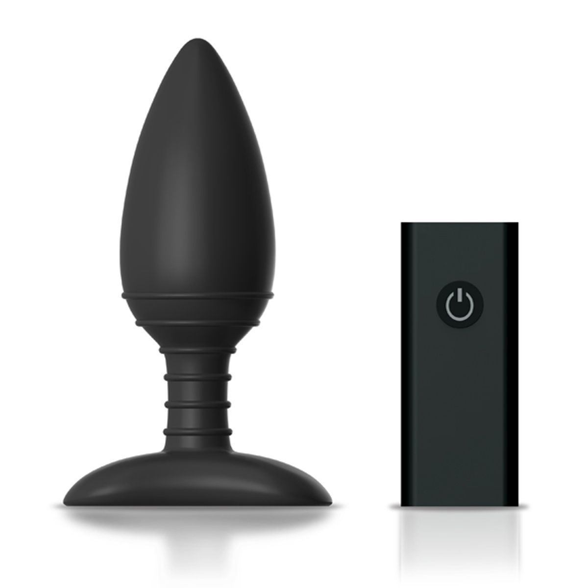 Zwarte anale plug met kegelvormige kop en geribbelde basis. Daarnaast een rechthoekige, zwarte afstandsbediening met aan/uit-knop.