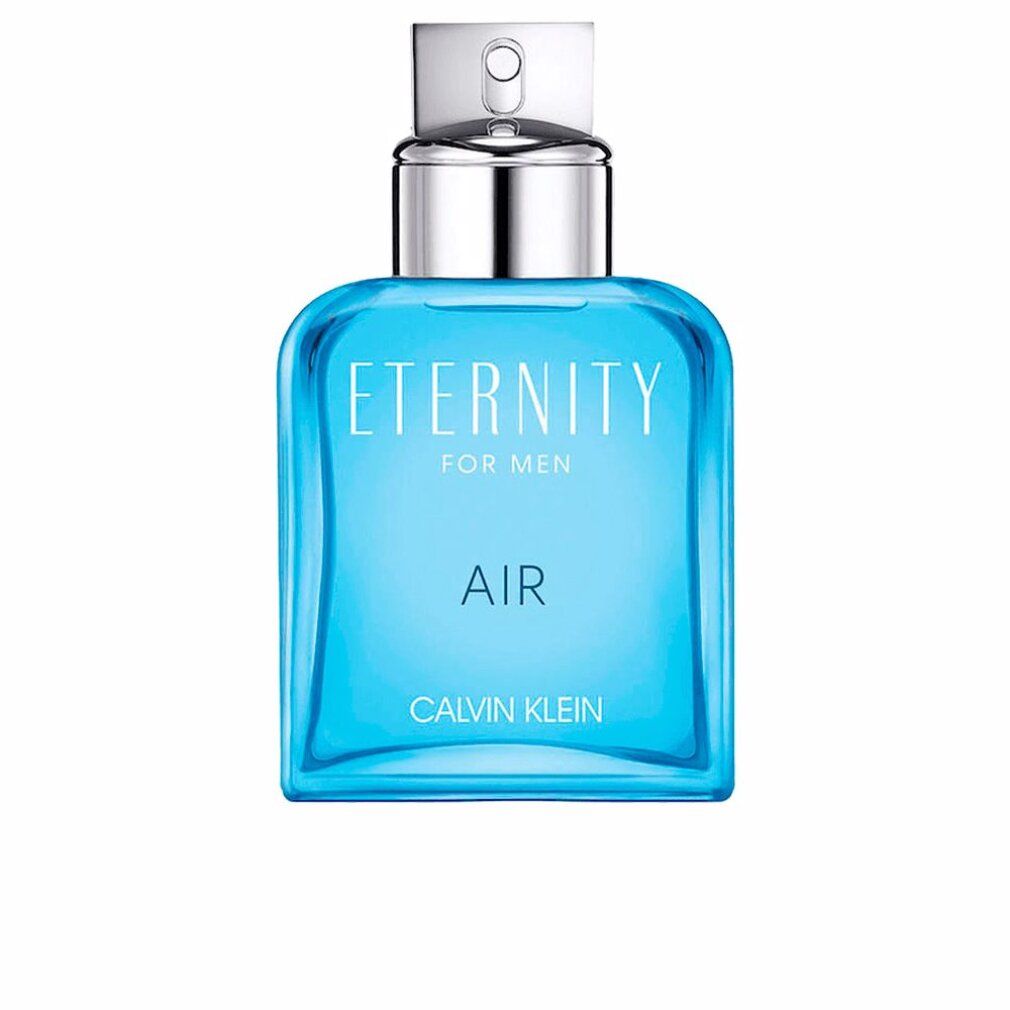 Flacon de parfum bleu clair avec bouchon argenté. Inscription : Eternity Air For Men, Calvin Klein.