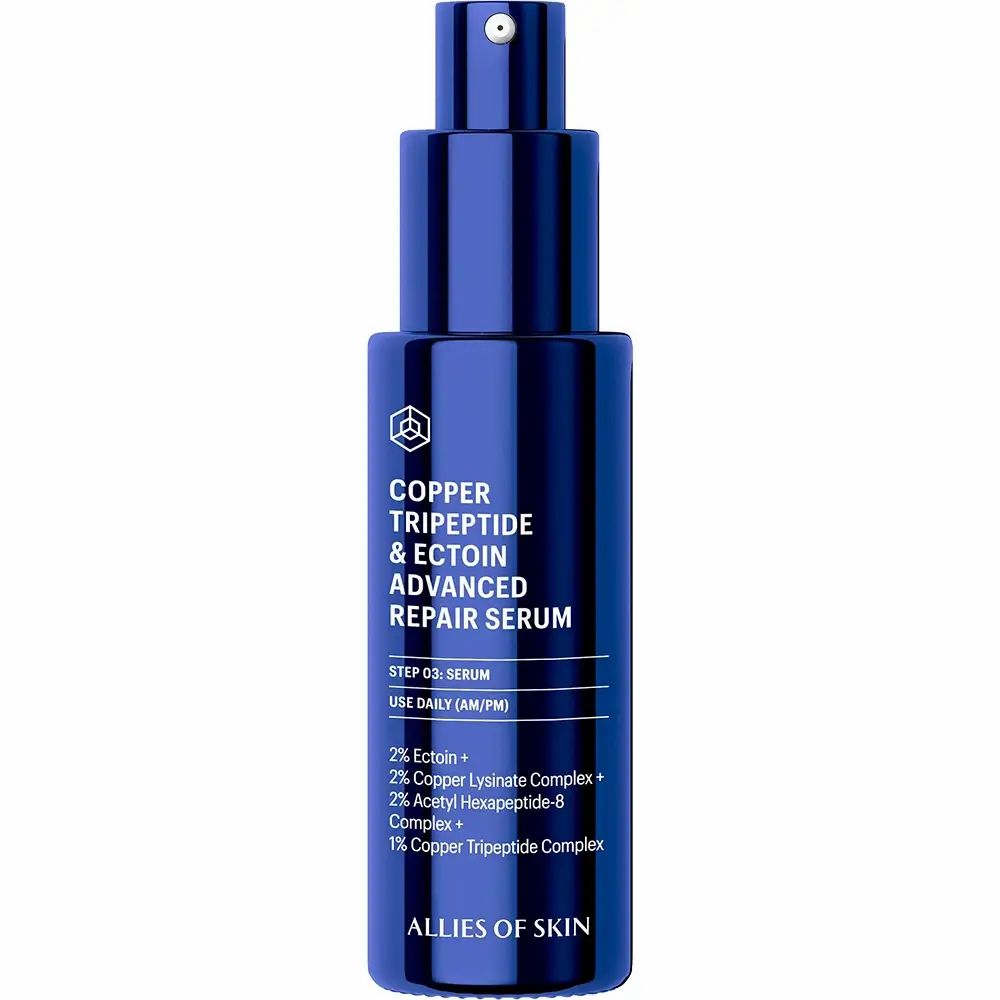 Blauwe metalen fles. Tekst: Copper Tripeptide & Ectoin Advanced Repair Serum. Ingrediënten en gebruik.
