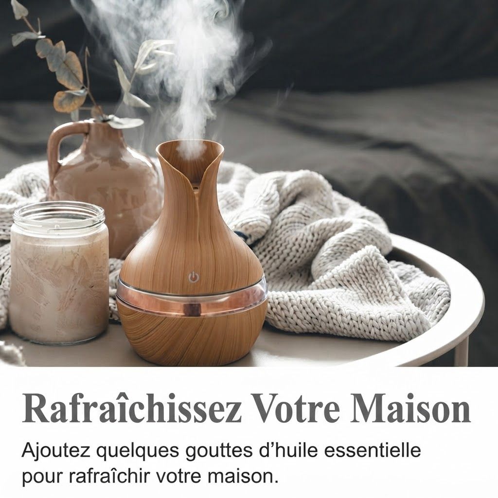 Un diffuseur en bois avec une bande cuivrée, émettant de la vapeur. À côté, un pot en verre et une vase.