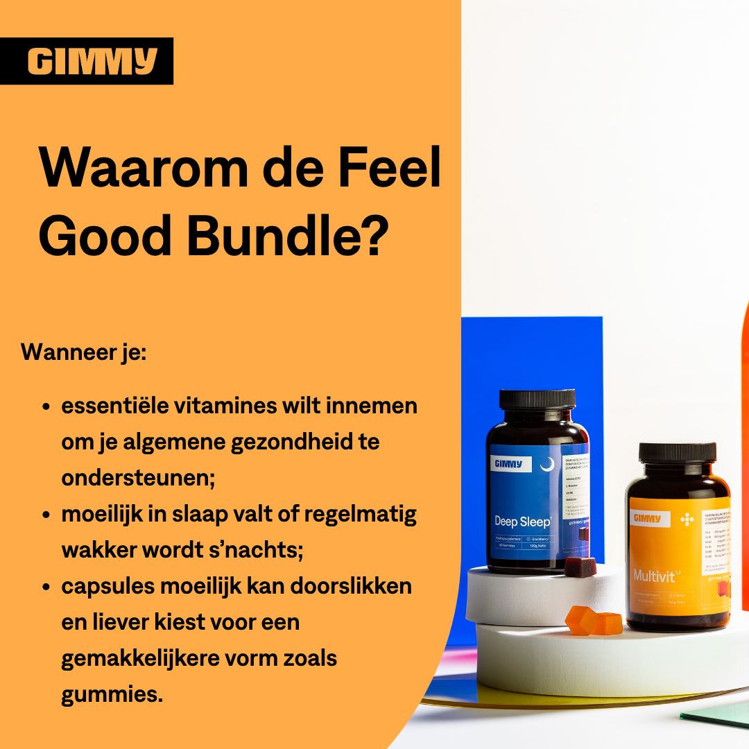 Texte sur fond orange. "Waarom de Feel Good Bundle ?" Deux flacons "Deep Sleep" et "Multivit".