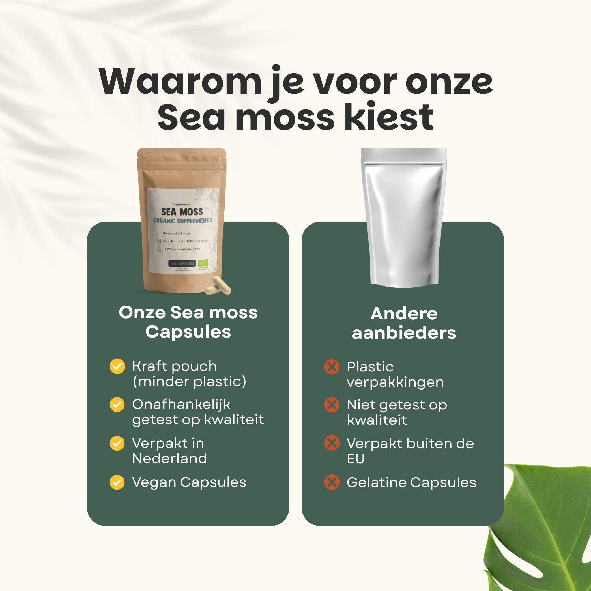 Vergelijking van Sea Moss-capsules en andere aanbieders. Bruine en witte verpakking.