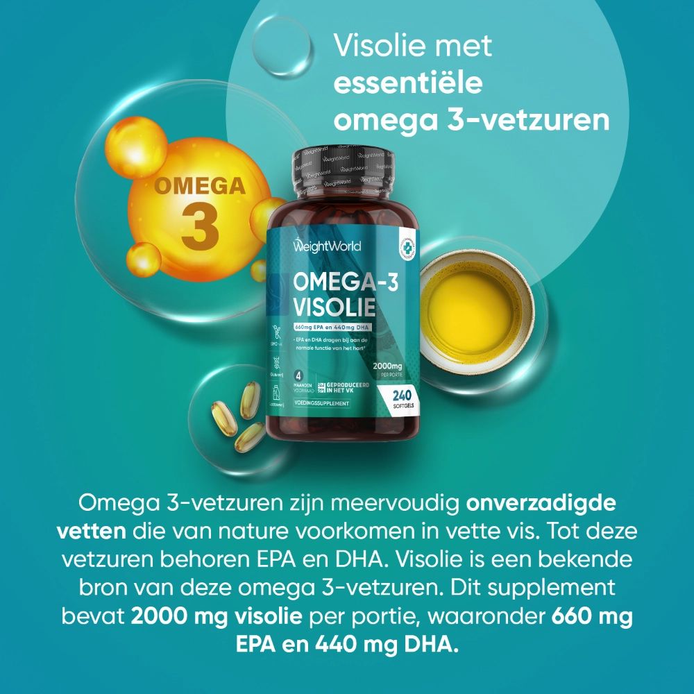 Fles met Omega-3 Visolie. Tekst: 2000mg per portie, 240 capsules. EPA en DHA. WeightWorld.