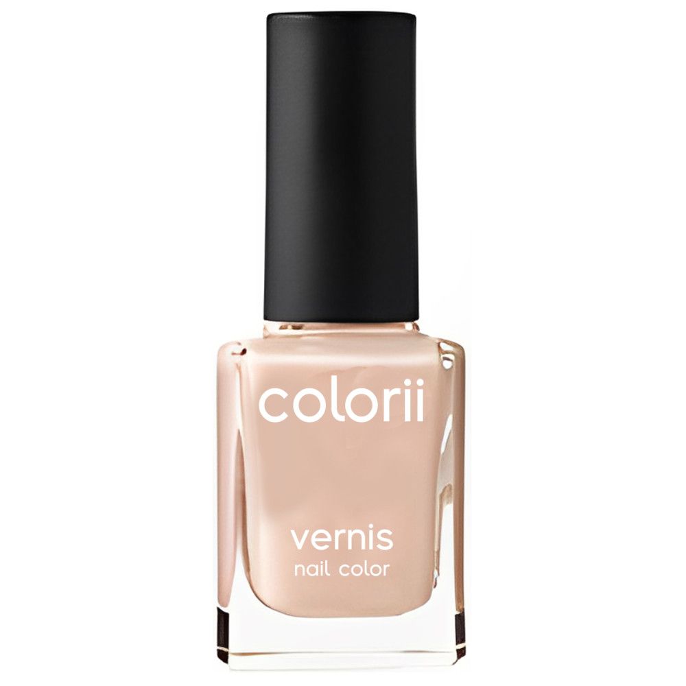 Flacon de vernis à ongles avec bouchon noir. Inscription "colorii", puis "vernis nail color". Couleur beige.