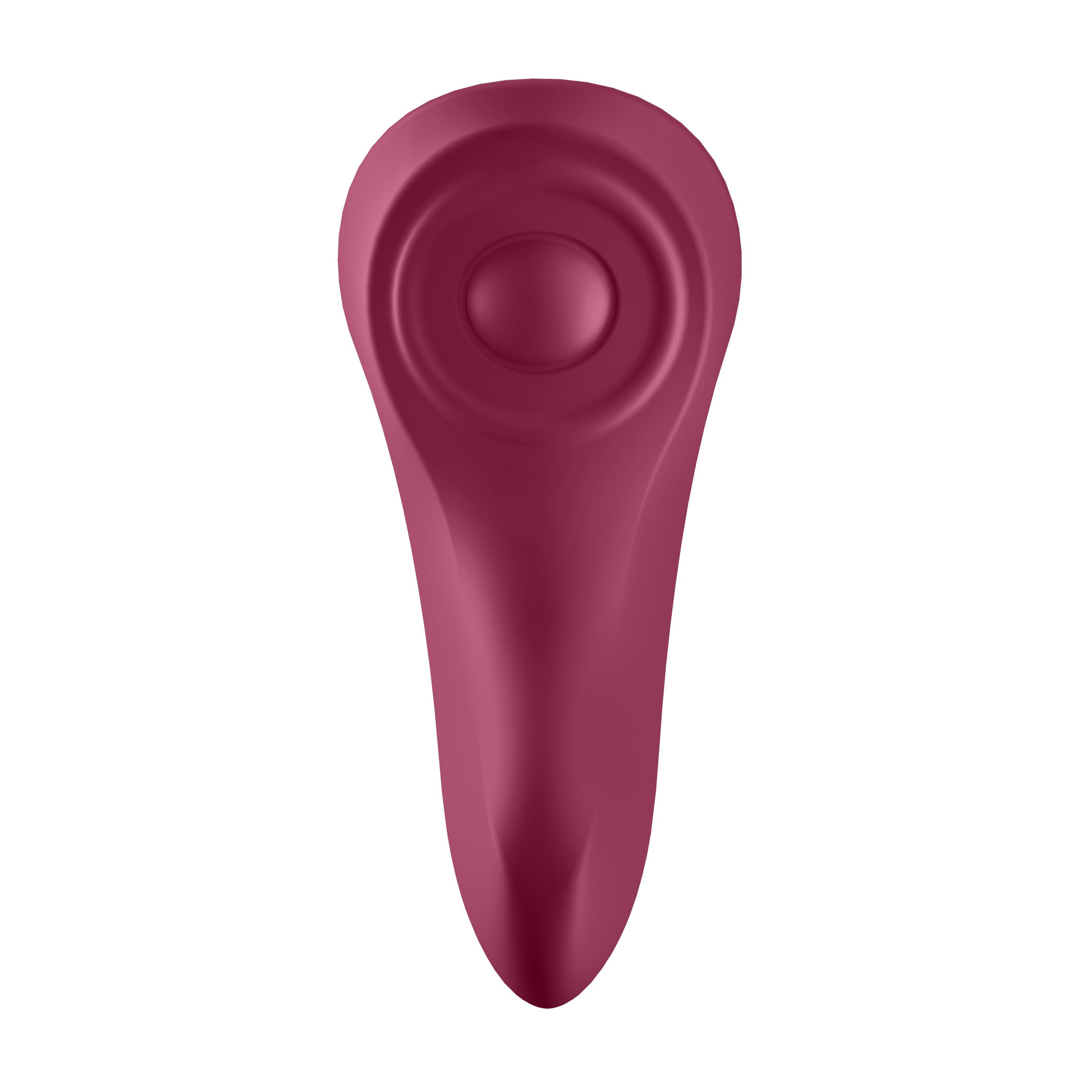 Appareil bordeaux arrondi. Élément rond en relief en haut, avec cercles concentriques. Forme ergonomique.