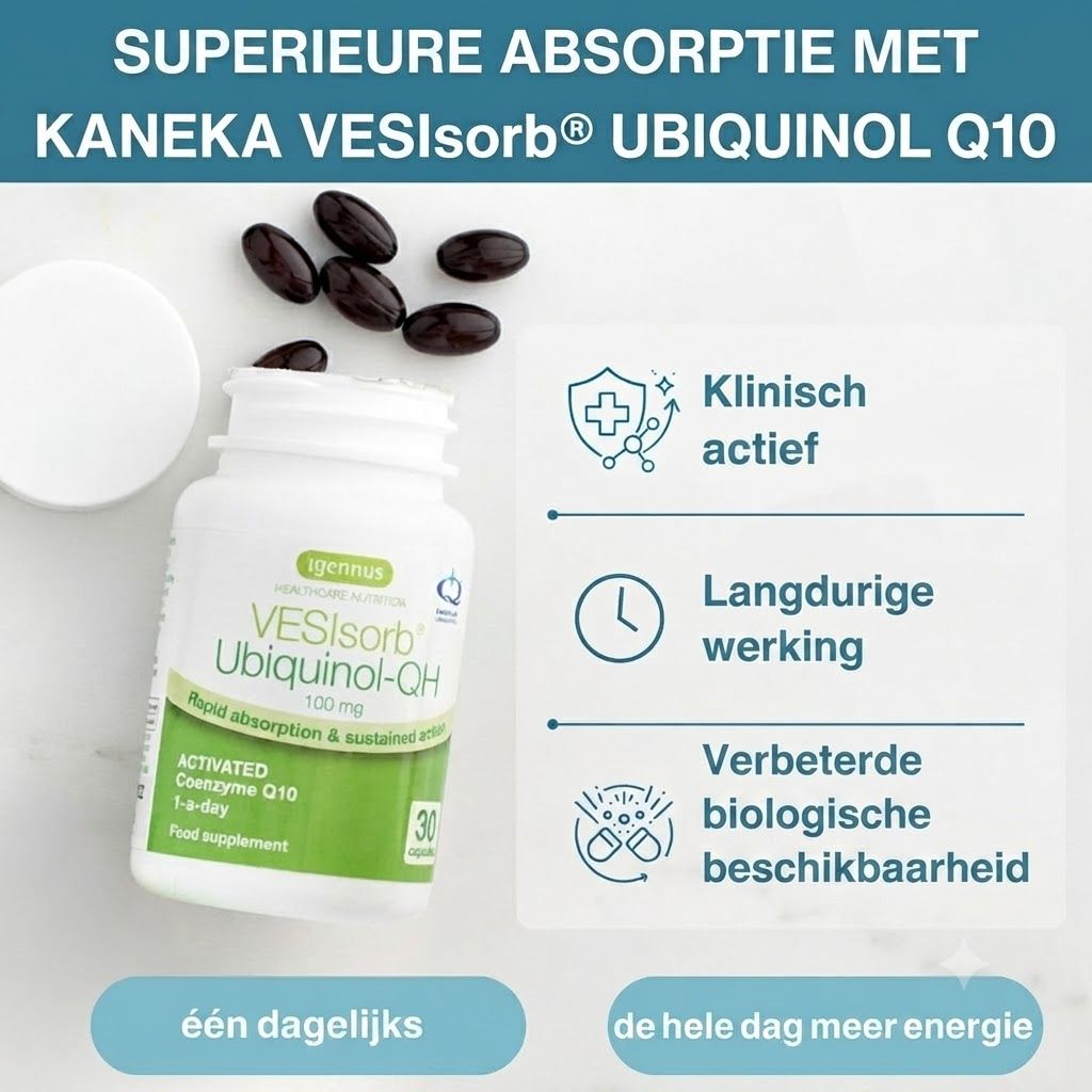 Ubichinol-QH fles met iconen voor klinische activiteit en verbeterde biobeschikbaarheid.